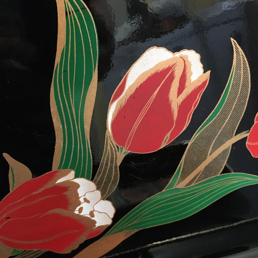 2 Vintage Asian Style Black Laquer Floral Trays with Tulip Florals